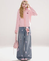 Vintage Butterfly Embroidered Wide Leg Jeans
