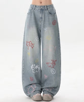 Vintage Cartoon Embroidered Wide Leg Denim Pants