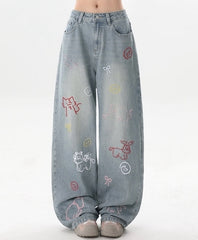 Vintage Cartoon Embroidered Wide Leg Denim Pants