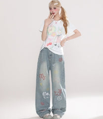 Vintage Cartoon Embroidered Wide Leg Denim Pants