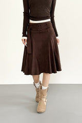 Vintage Coffee High Waist A Line Midi Skirt