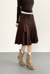 Vintage Coffee High Waist A Line Midi Skirt