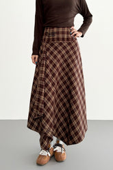 Vintage Coffee Plaid Asymmetrical A Line Midi Skirt