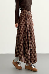 Vintage Coffee Plaid Asymmetrical A Line Midi Skirt