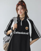 Vintage Colorblock Polo Tee With Letter Print