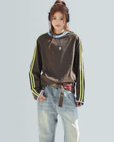 Vintage Colorblock Striped Long Sleeve Crewneck Top