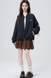 Vintage Deep Blue Bow Baseball Jacket Cardigan