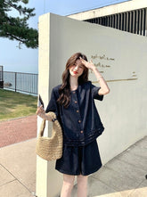 Vintage Deep Blue Ruffled Vest And Skirt Set