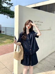 Vintage Deep Blue Ruffled Vest And Skirt Set