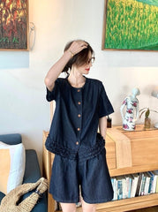 Vintage Deep Blue Ruffled Vest And Skirt Set
