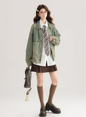 Green Vintage Denim Jacket Casual Chic