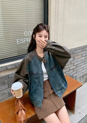 Vintage Denim Pu Patchwork Loose Short Jacket