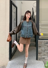 Vintage Denim Pu Patchwork Loose Short Jacket