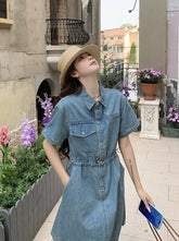 Vintage Denim Shirt Dress Casual Summer Style