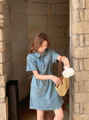 Vintage Denim Shirt Dress Casual Summer Style