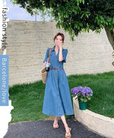 Vintage Denim Shirt Dress Elegant Waist Slim Summer