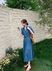 Vintage Denim Shirt Dress Elegant Waist Slim Summer