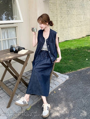 Vintage Denim Vest And Skirt Set