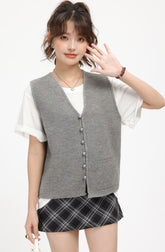 Grey Knitted V-Neck Cardigan Vest