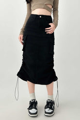 Vintage High Waist Black Denim Midi Skirt