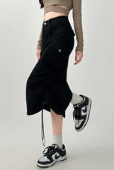 Vintage High Waist Black Denim Midi Skirt