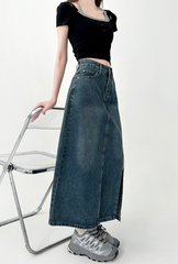 Vintage High Waist Denim Split Maxi Skirt
