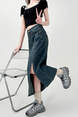 Vintage High Waist Denim Split Maxi Skirt