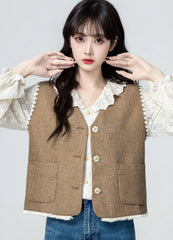 Vintage Khaki V Neck Sleeveless Cardigan Vest