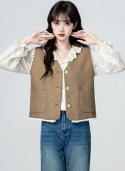 Vintage Khaki V Neck Sleeveless Cardigan Vest