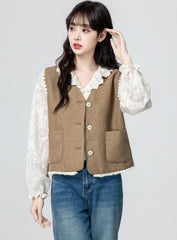 Vintage Khaki V Neck Sleeveless Cardigan Vest