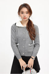 Grey Lapel Collared Buttoned Knit Cardigan