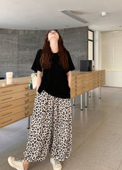 Vintage Leopard Print Casual Pants Black Tee Set
