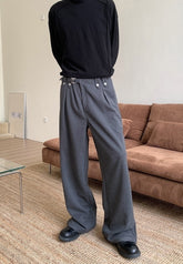 Vintage Metal Button Belted Relaxed Wide Leg Trousers