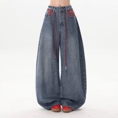 Vintage Patchwork Drawstring Wide Leg Denim Pants