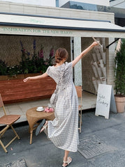 Vintage Plaid Casual Waist Dress Summer Style