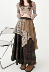 Vintage Plaid Lace Patchwork Midi Skirt