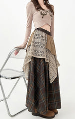 Vintage Plaid Lace Patchwork Midi Skirt