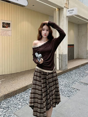 Vintage Plaid Off Shoulder T Shirt Skirt Set