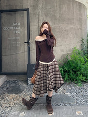 Vintage Plaid Off Shoulder T Shirt Skirt Set