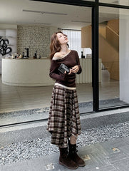 Vintage Plaid Off Shoulder T Shirt Skirt Set