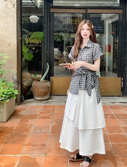 Vintage Plaid Short Sleeve Shirt And Skirt Set