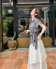 Vintage Plaid Short Sleeve Shirt And Skirt Set