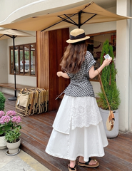 Vintage Plaid Short Sleeve Shirt And Skirt Set
