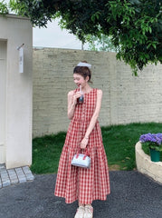 Vintage Plaid Sweet Sleeveless Waist Dress