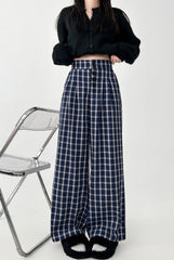 Vintage Plaid Wide Leg Casual Trousers