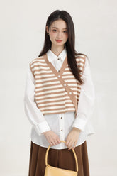 Khaki Stripe Knitted Vest With Asymmetrical Buttons