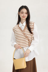 Khaki Stripe Knitted Vest With Asymmetrical Buttons