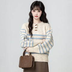 Vintage Striped Toggle Sweater Knitted Pullover
