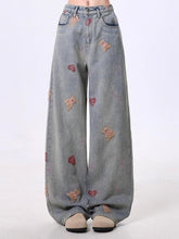 Vintage Washed Bear Embroidered Straight Leg Jeans