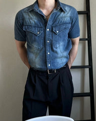 Vintage Washed Denim Short Sleeve Casual Shirt